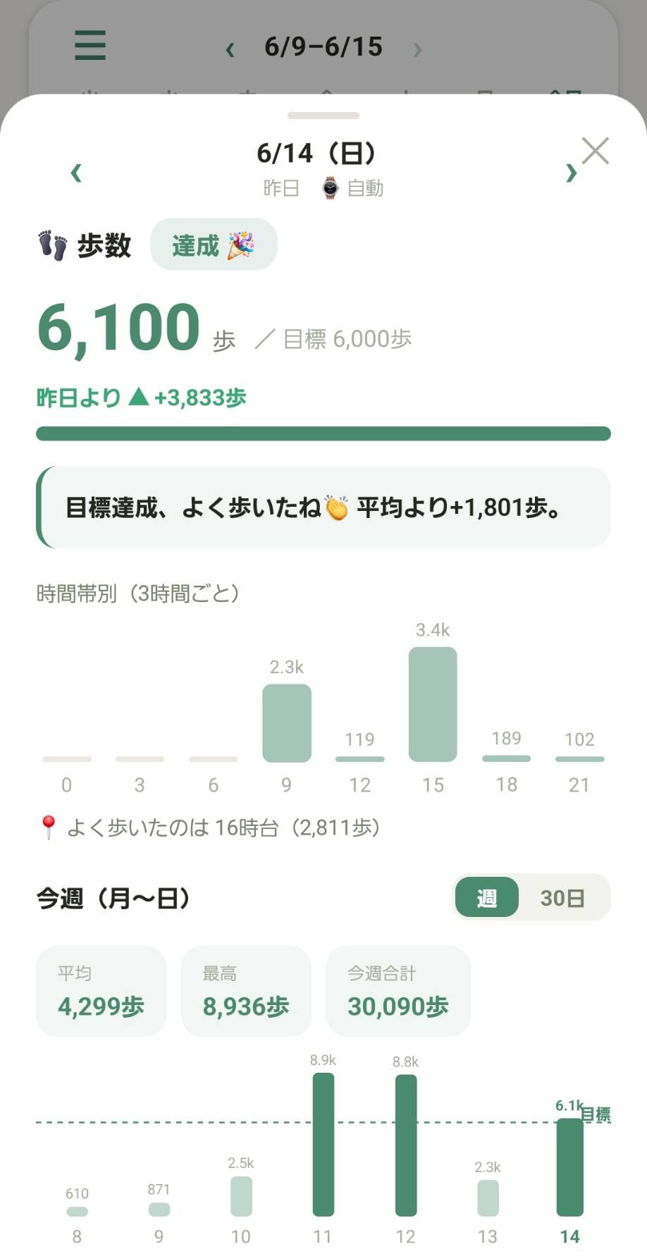 歩数が自動で記録される画面